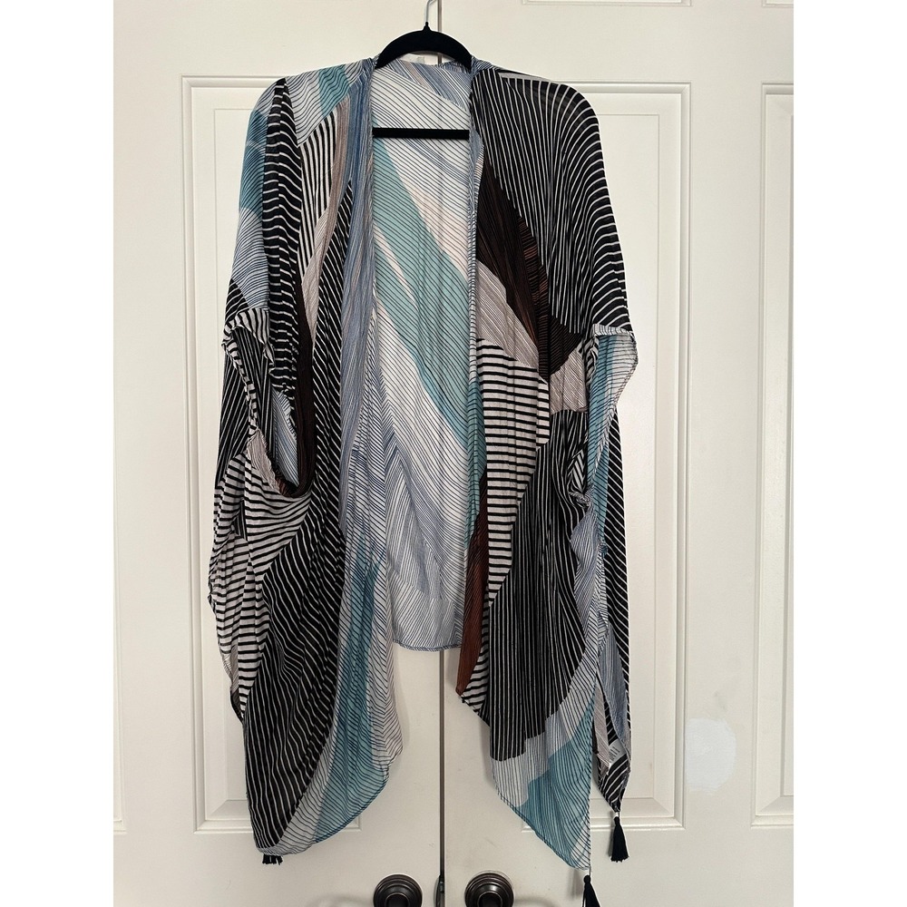 Moss Rose Kimono Poncho Ruana One Size Multicolor Striped Tassel Boho Sheer